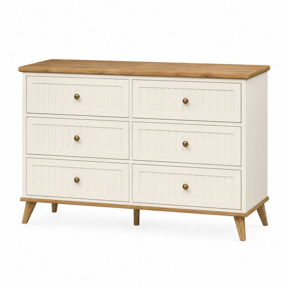 Wood Dresser with Solid Wood Top and MDF Frame 6-Drawer White 120cm