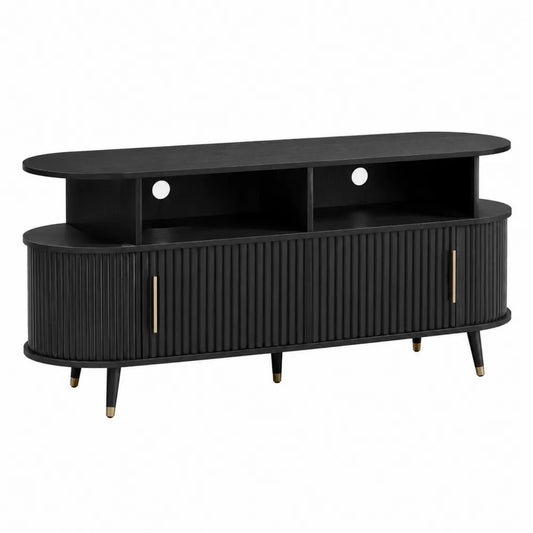 Black Wood TV Stand with Cabinets and Shelves 150cm
