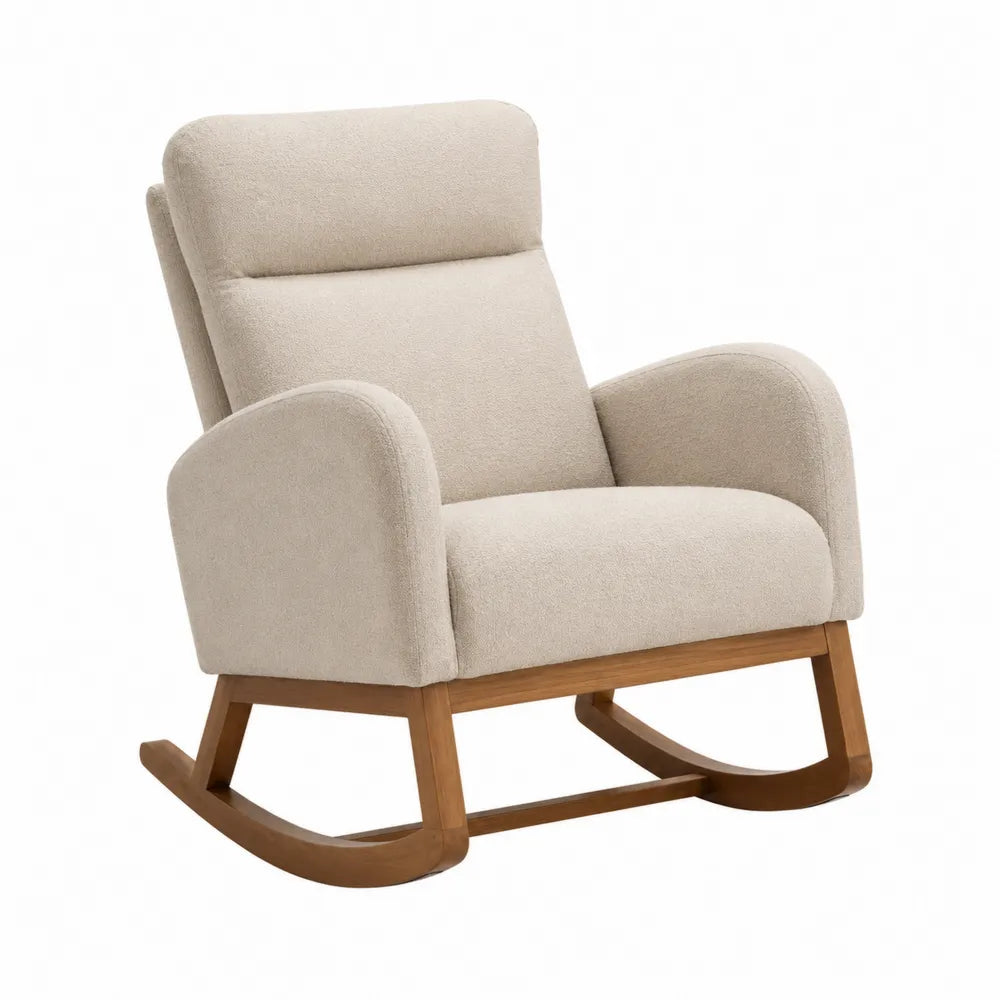 Beige Fabric Rocking Chair with Wooden Frame