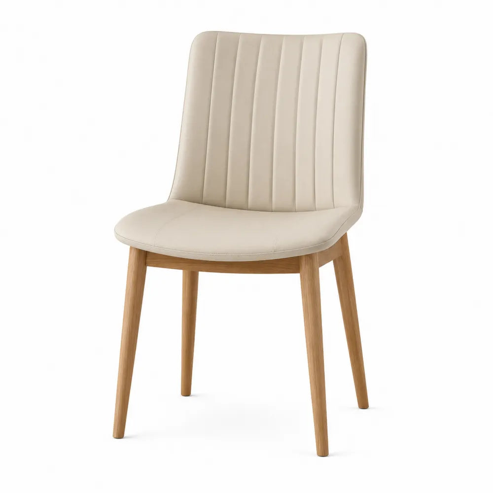 Beige Faux Leather Dining Chair with Oak Wood Legs