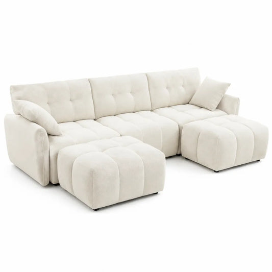 Beige Polyester Fabric Sectional Sofa with Chaise and Ottomans