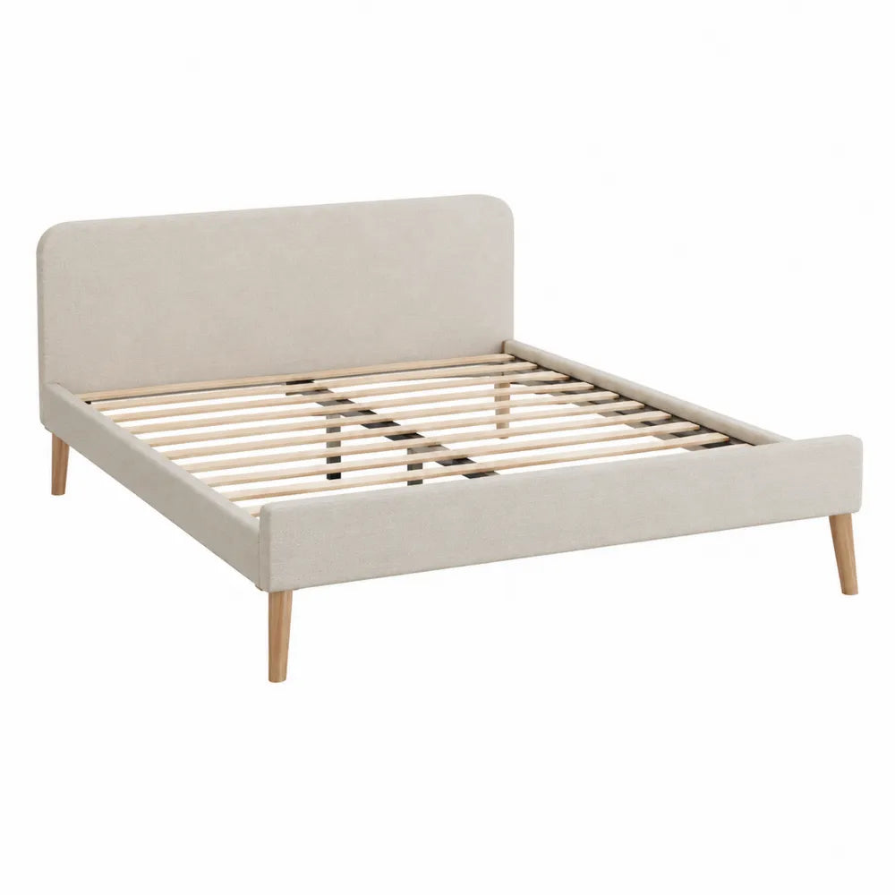 Queen Platform Bed Upholstered Fabric Beige with Solid Wood Legs